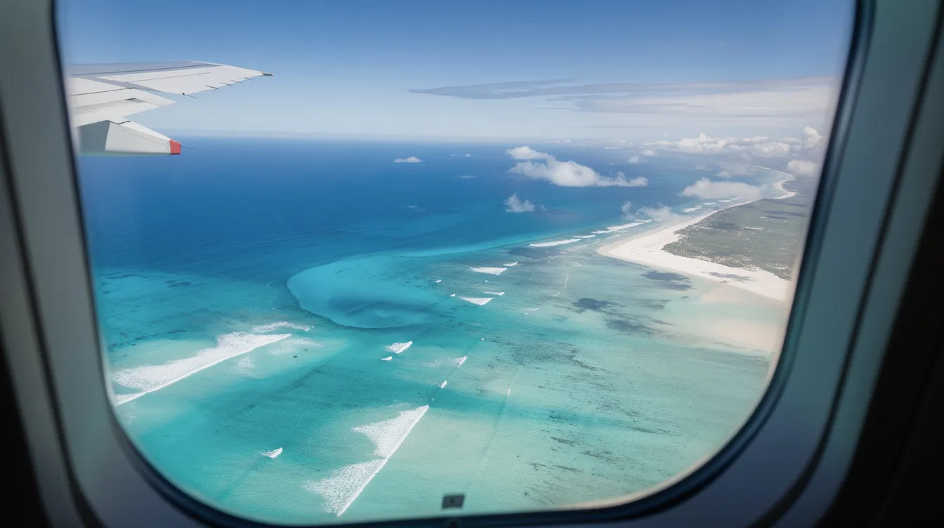 An aerial view from a private jet charter shows a stunning turquoise coastline bordered by a pristine white sand beach, highlighting the natural beauty of the destination. This picturesque scene captures the essence of leisure travel and the unique flying experience offered by private flights.
