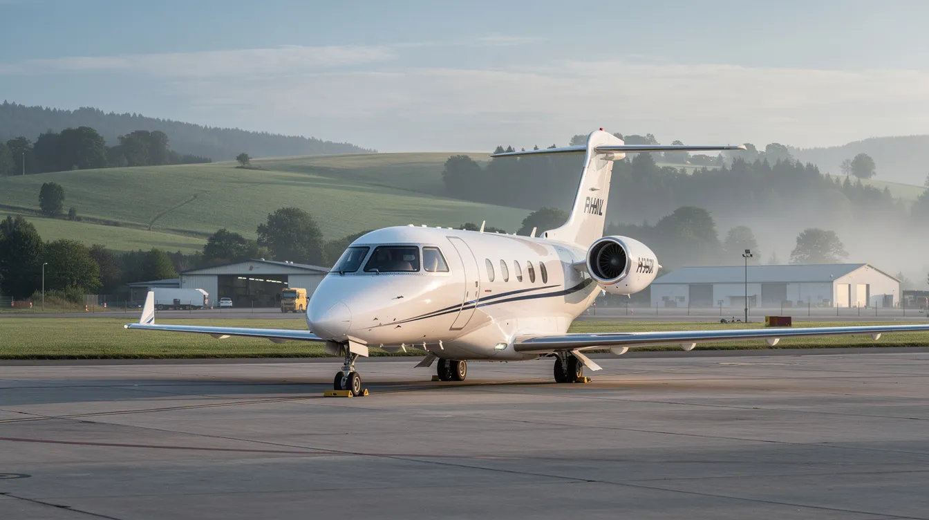 A small private jet is parked at a tranquil regional airport, surrounded by lush green hills, showcasing the natural beauty of the area. This scene highlights the appeal of private jet charter services for travelers seeking a seamless flying experience away from crowded commercial airports.