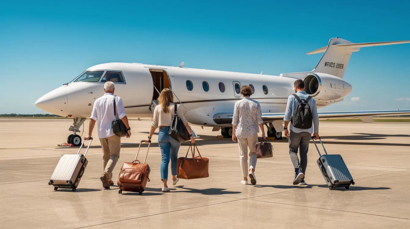 A group of travelers is walking toward a private jet on a sunny tarmac, each carrying luggage as they prepare for their private flight. The scene captures the excitement of private jet travel, highlighting the convenience of private jet charter services.