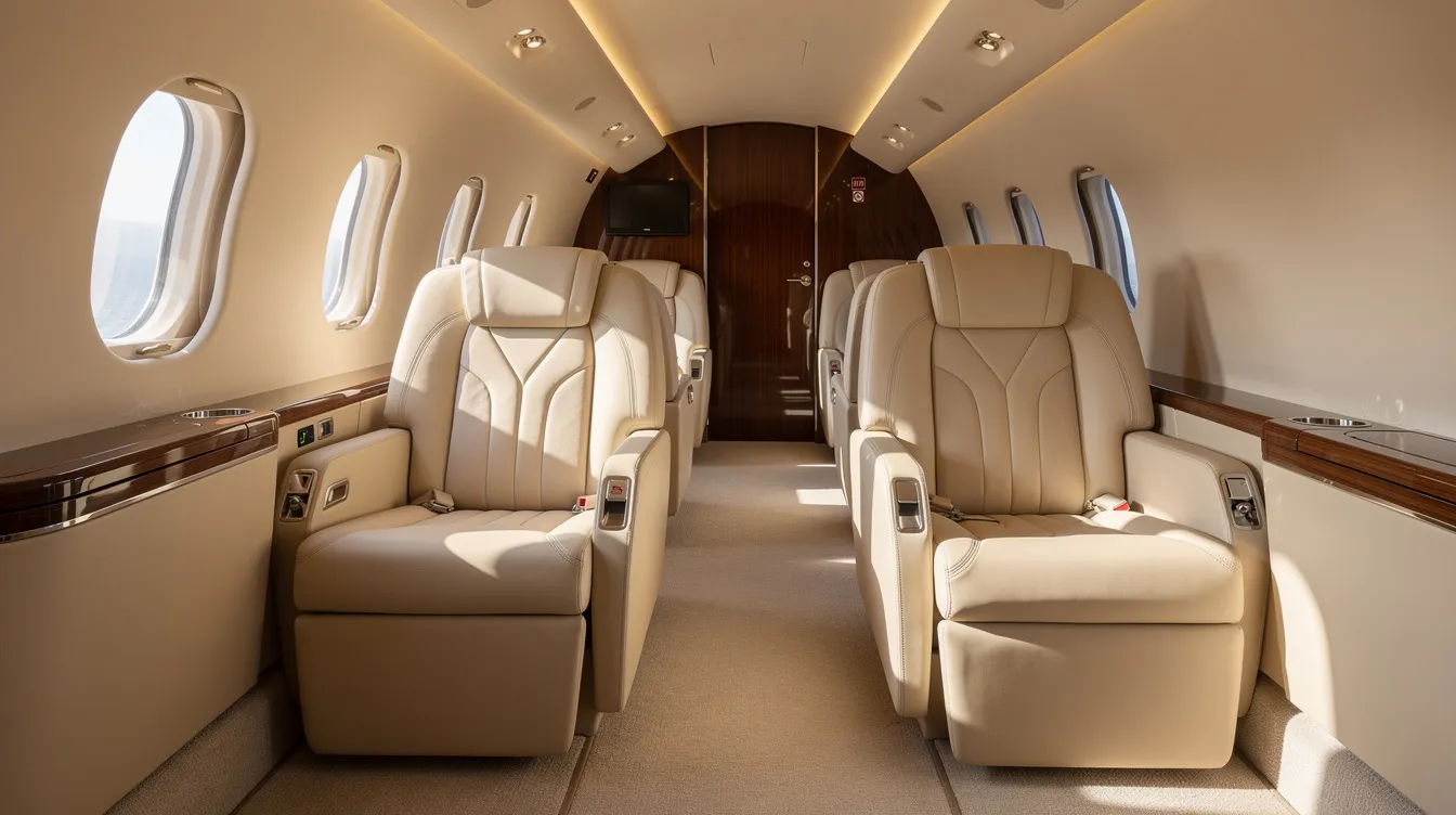 The image depicts the interior of an empty private jet cabin, featuring plush cream leather seats and abundant natural light streaming through the windows, creating a luxurious atmosphere ideal for private jet travel. This serene setting highlights the comfort and elegance associated with private jet charters.