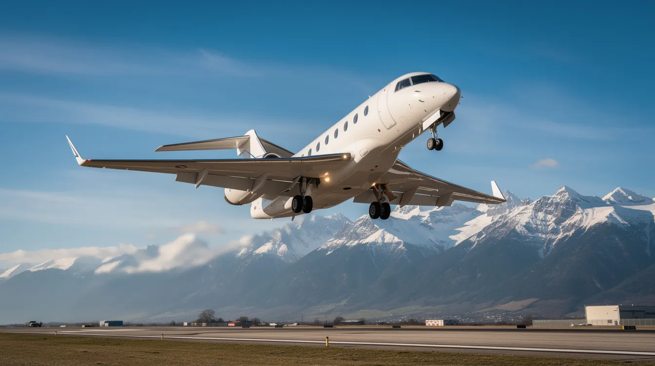 A private jet is taking off against a clear blue sky, with majestic mountains in the background, showcasing the allure of private jet travel. This image highlights the elegance of private aviation and the freedom offered by private jet charter services.