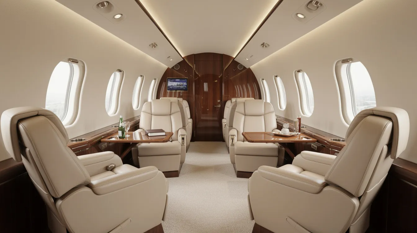 The image depicts the interior of a spacious heavy jet cabin, featuring wide leather seats and elegant wood paneling, designed for comfort and luxury during private jet travel. This premium setting is ideal for business executives and high net worth individuals looking for a refined flying experience on popular private jet routes.