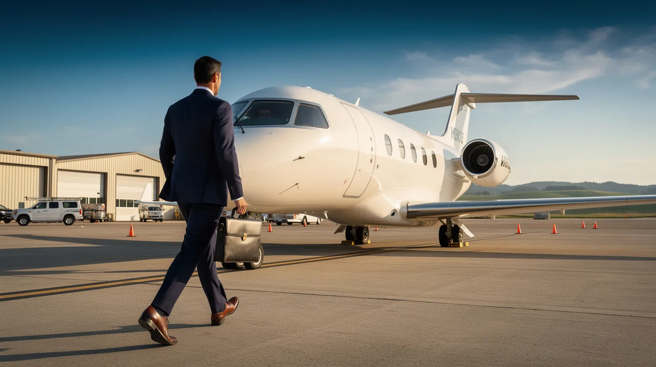 A business traveler is walking toward a private jet at a small regional airport on a clear day, showcasing the convenience of private aviation for business executives. This scene highlights the appeal of private jet travel, offering direct access and premium amenities for those seeking efficient domestic and international flights.
