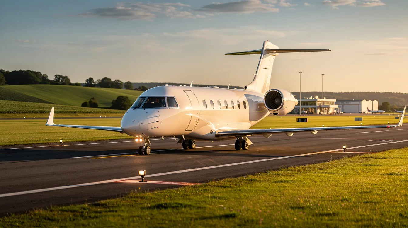 A private jet is taxiing on a runway at a quiet regional airport, surrounded by a lush green landscape. This scene captures the essence of private aviation, showcasing the convenience and accessibility of flying private, especially for short regional flights.