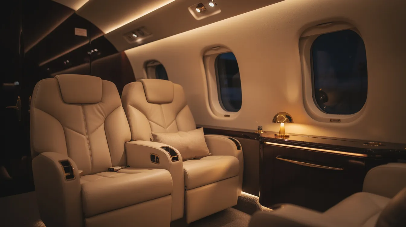 The image depicts a dimly lit private jet cabin interior, featuring plush reclining seats and warm mood lighting that creates a cozy atmosphere. This luxurious space is designed for comfort, ideal for business travelers seeking restful sleep during long haul flights, with multiple cabin zones and the potential for lie flat beds.