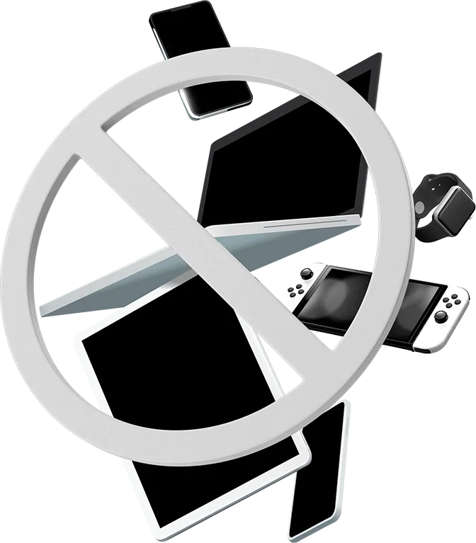 a range of tech devices (laptop, smartphone, game console, tablet) with a "access denied" circle in front of it