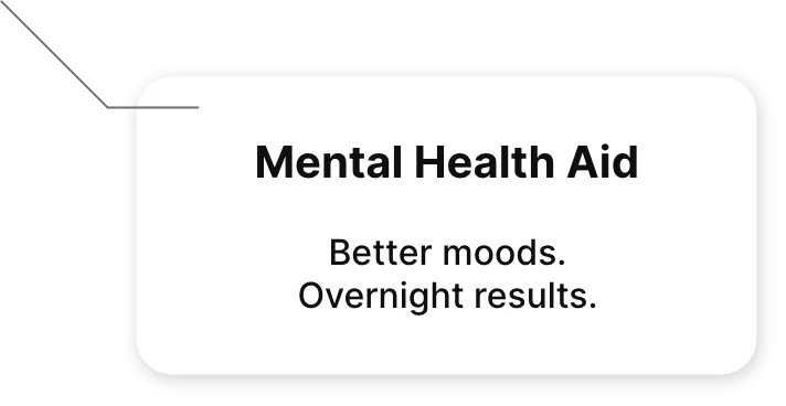 Speeech bubble containing "Mental Health Aid. Better moods. Overnight Results.