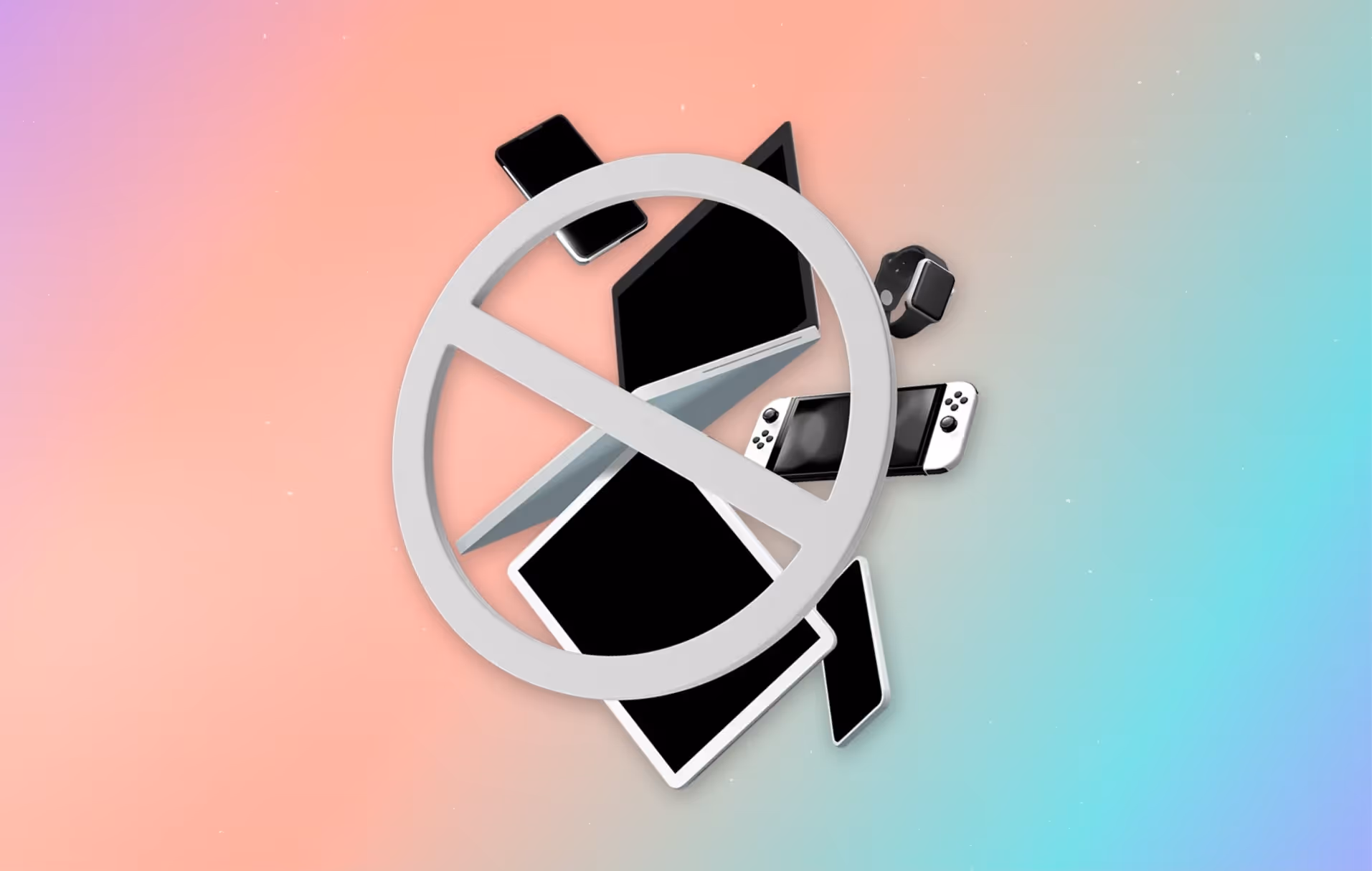 various tech (laptops, smartphones, nintendo switch) behind a "No access" sign