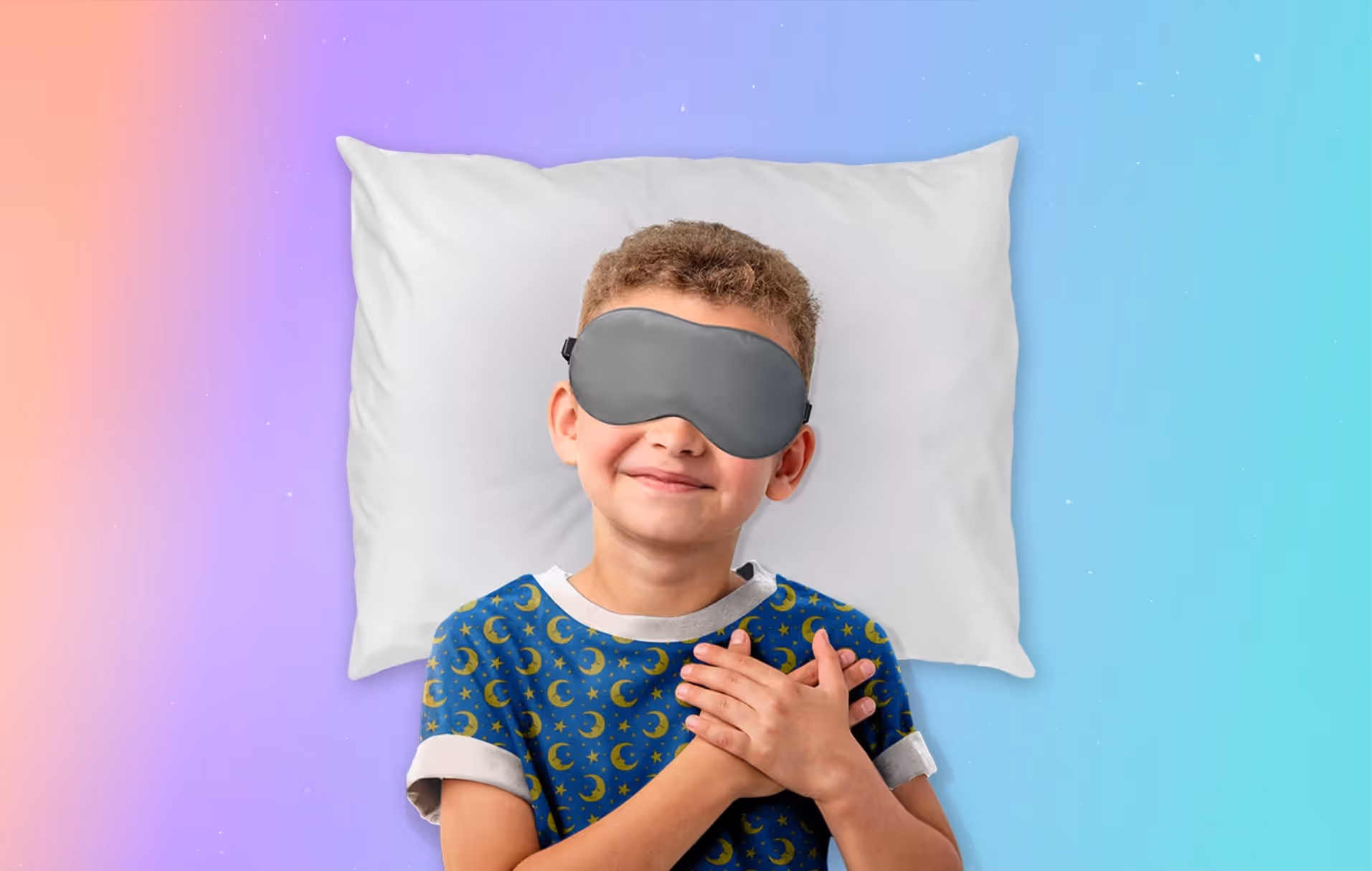 Young boy wearing a sleep mask
