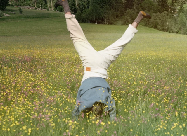 Man doing a handstand in a field of flowers