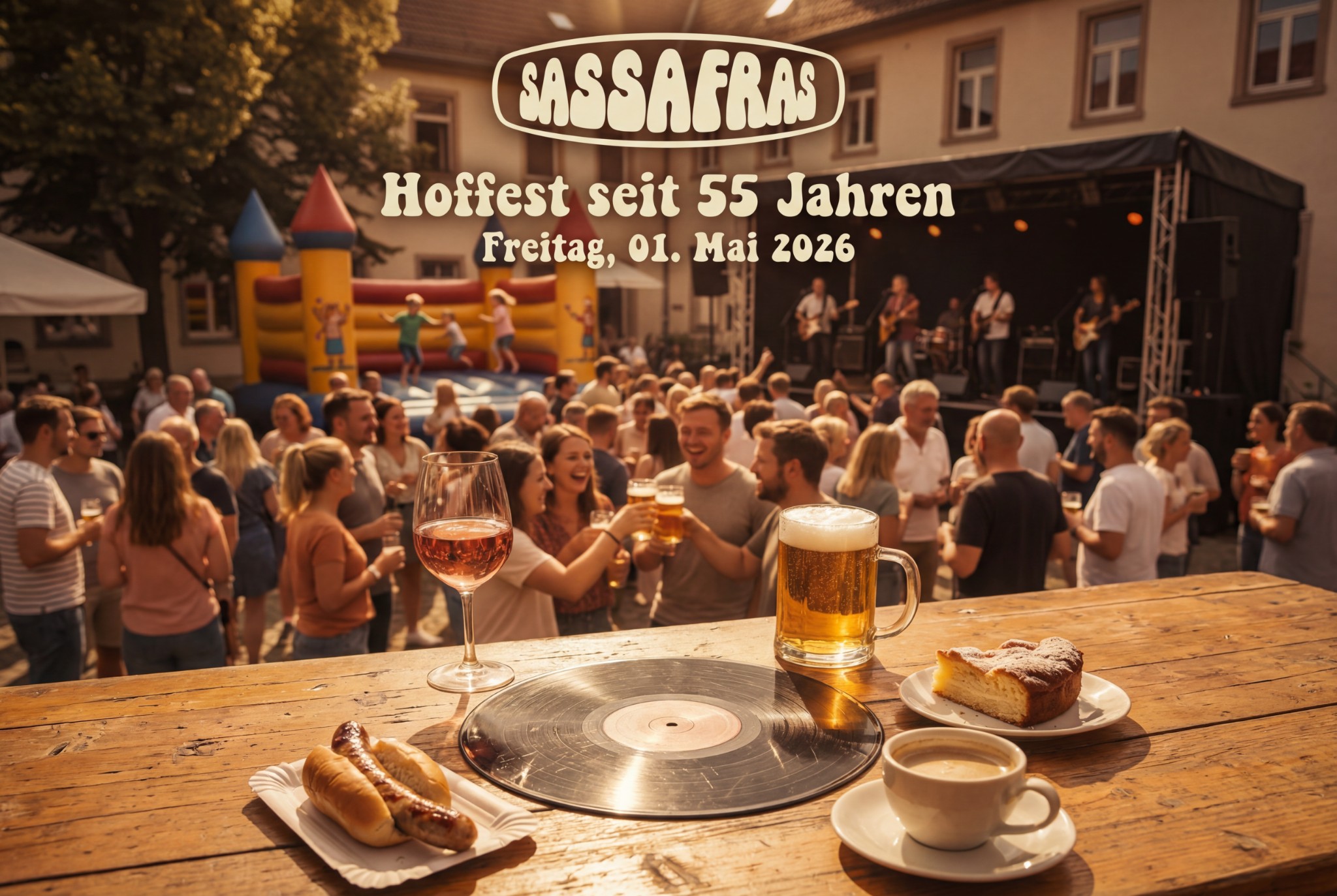 Hoffest im Innenhof mit Gästen, Bühne, Hüpfburg und gedeckten Tischen im Sassafras Düsseldorf