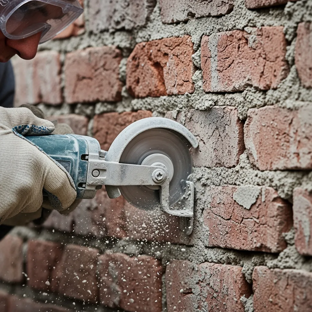 Ein Mann schneidet mit einer Flex in die Fugen von alten Klinkerfugen