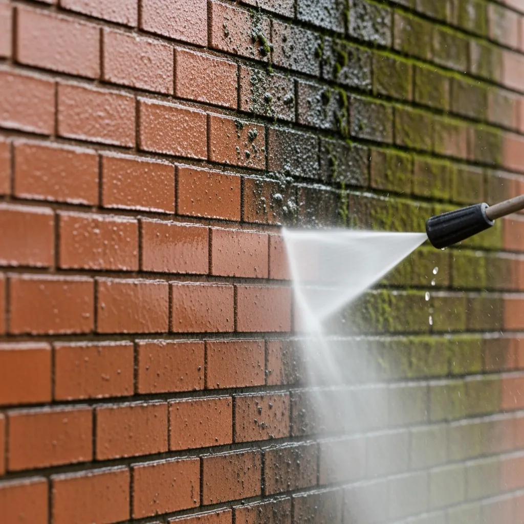 Die Klinkerfugen einer Hauswand werden mit einem Hochdruckreiniger gereinigt