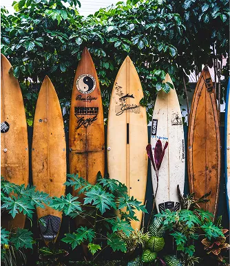 Colorful surfboards lined up at an outdoor destination event in Hawaii by Paradym Events