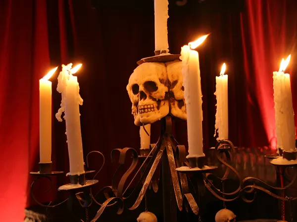 Halloween decor with skulls and candles