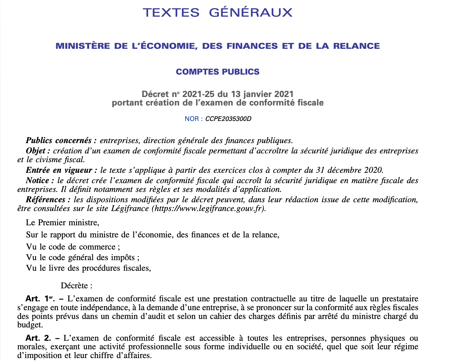 Textes généraux du ministère de l'Economie