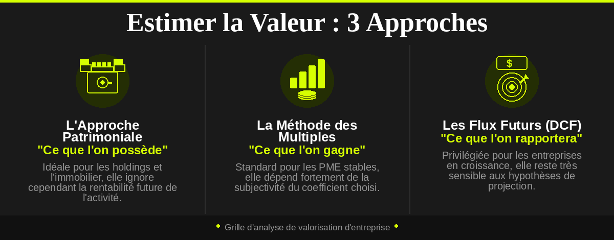 Image au fond noir et vert intitulée « Estimer la Valeur : 3 Approches ». Elle présente trois méthodes d’évaluation d’entreprise : l’approche patrimoniale centrée sur ce que l’on possède, la méthode des multiples basée sur ce que l’on gagne, et l’actualisation des flux futurs (DCF) fondée sur ce que l’on rapportera. Chaque approche est accompagnée d’une brève explication sur son usage et ses limites.
