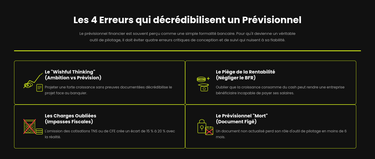 Image au fond noir et vert intitulée « Les 4 Erreurs qui décrédibilisent un Prévisionnel ». Un court texte introductif explique qu’un prévisionnel doit éviter certaines erreurs de conception et de suivi pour rester fiable. Quatre encadrés détaillent les principaux pièges : le wishful thinking avec des projections trop optimistes, la négligence du besoin en fonds de roulement malgré la rentabilité, l’oubli de certaines charges fiscales ou sociales, et le prévisionnel non actualisé qui perd rapidement sa valeur comme outil de pilotage.