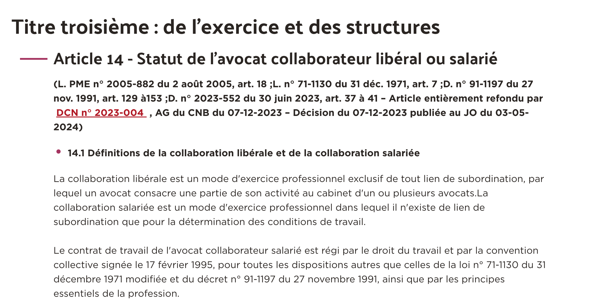 article 14 sur le statut de l'avocat
