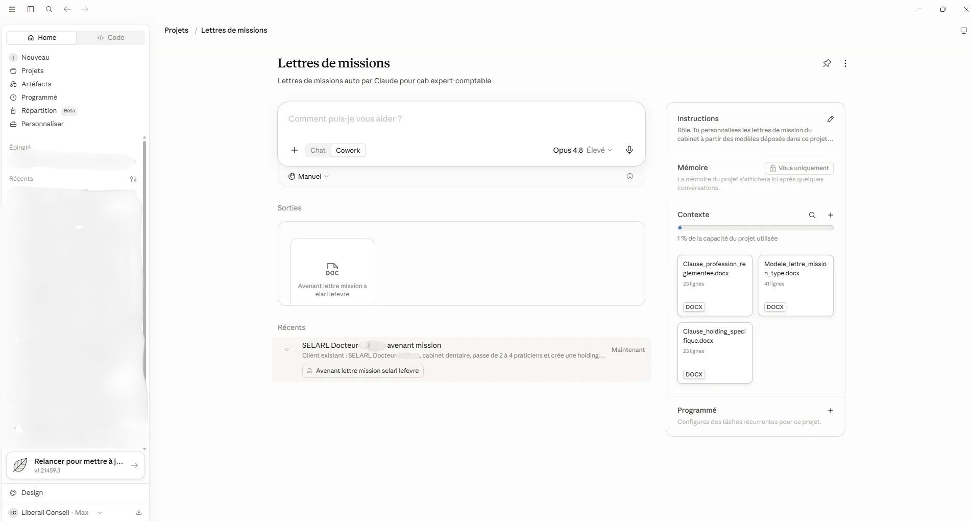 Projet Claude dédié aux lettres de mission avec modèles déposés