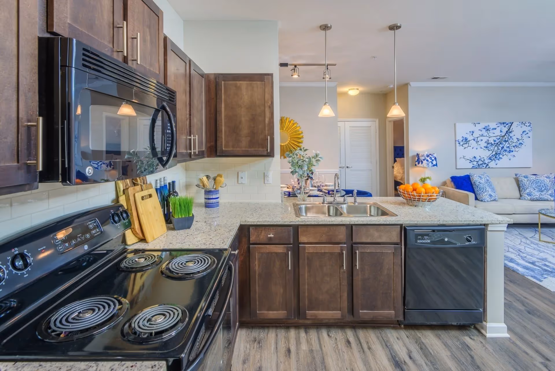 Kitchen with black appliances 