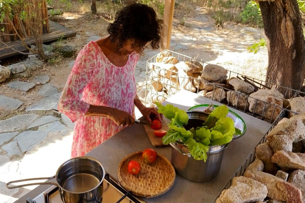 Woman in pink and white dress slicing a tomato on an outdoor kitchen counter with lettuce in a pot and tomatoes on a plate nearby.