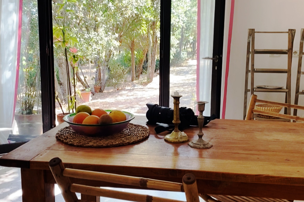 Wooden table with a bowl of assorted fruits, two candlesticks, and a camera near a window showing a sunlit garden outside.