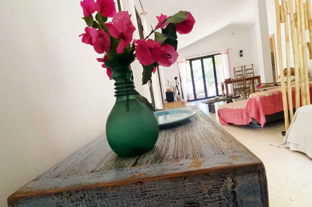 Green vase with bright pink flowers sitting on a wooden table in a sunlit living room with red-covered sofas and large glass doors.