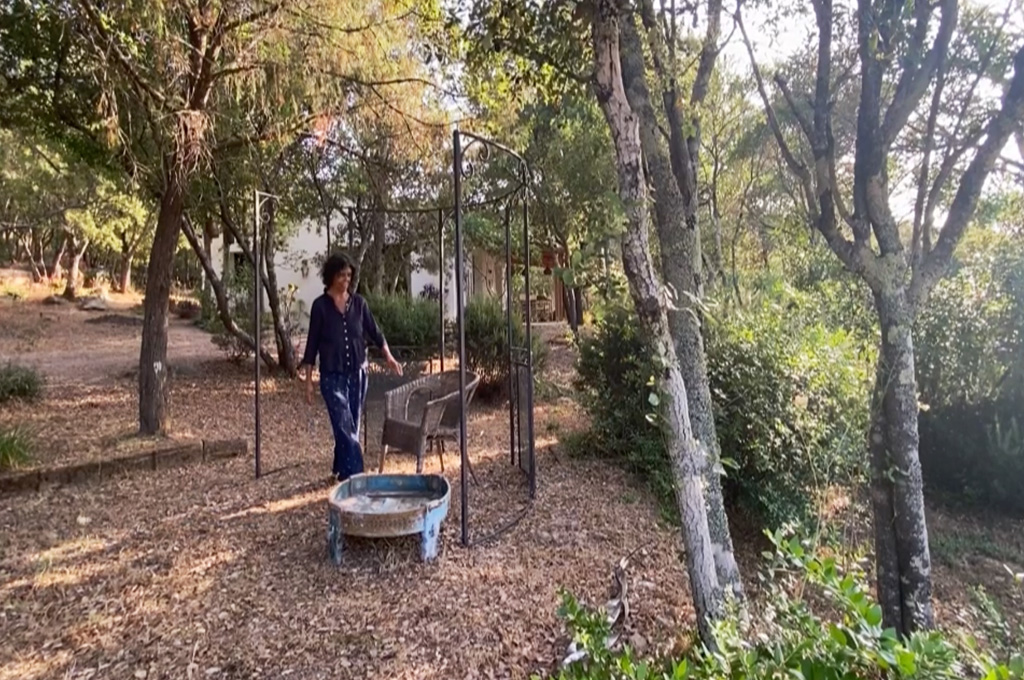 A woman in blue clothes standing next to a metal chair structure in a sunlit wooded garden with dry leaves on the ground.