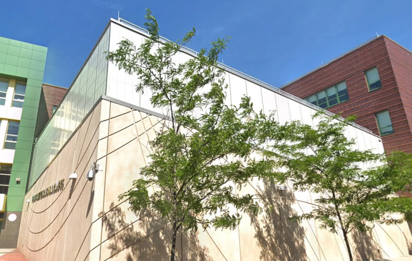 "Modern school building with trees"