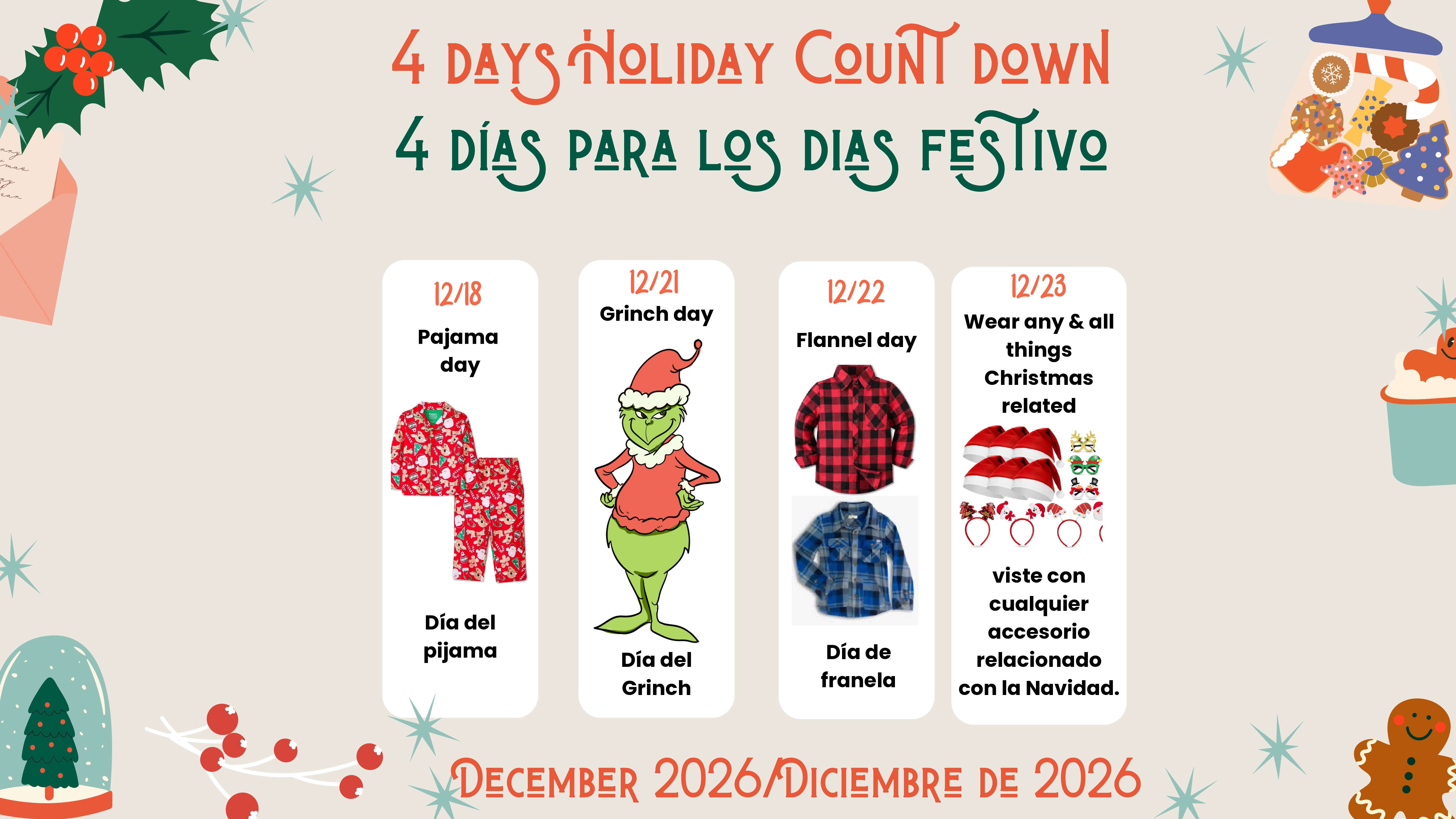 Four day holiday spirit countdown schedule for December 2026