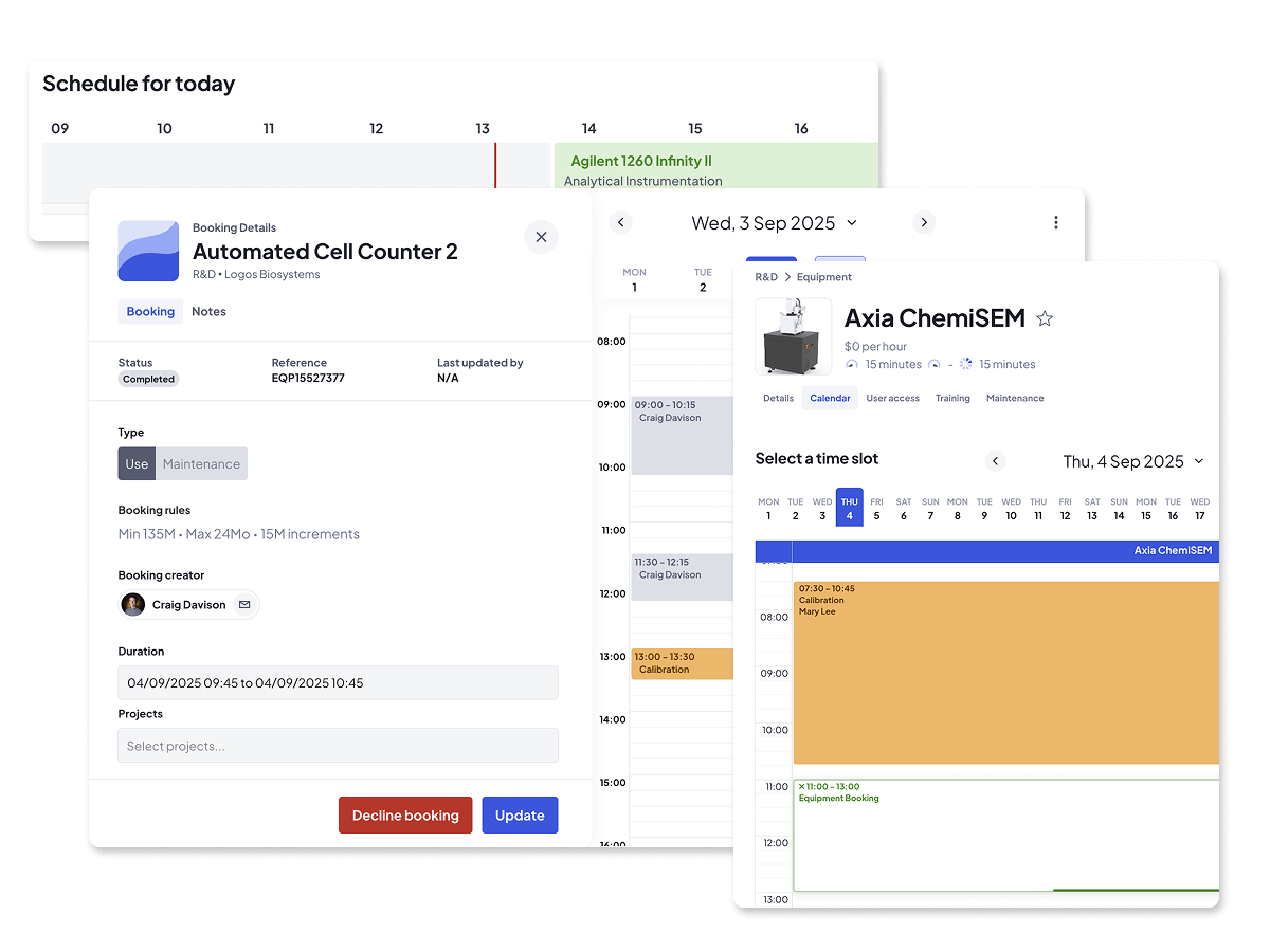 Software modals showing different ways you can book and see availability for lab equipment. 