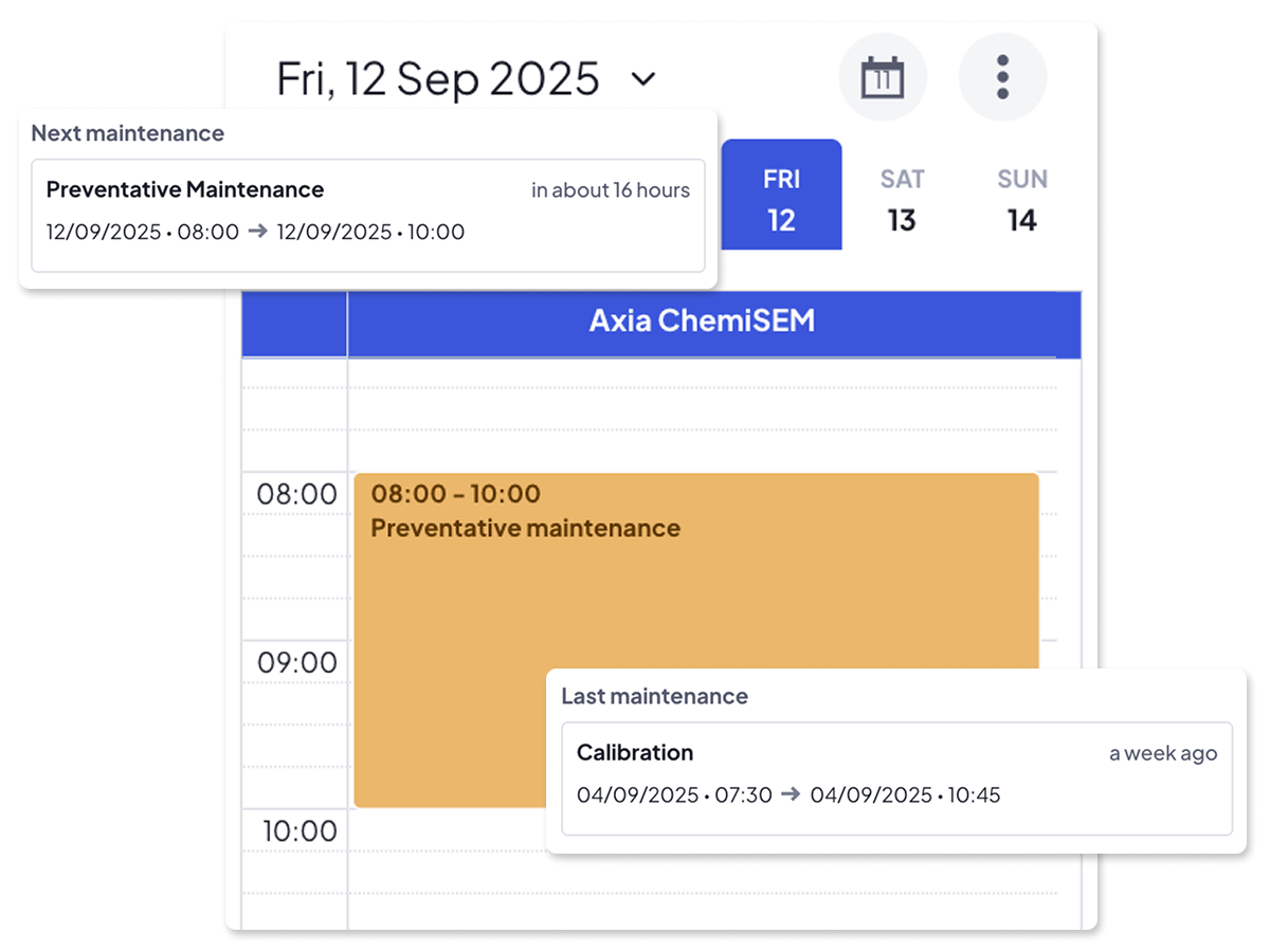 Software model showing preventative maintenance booked and information about last maintenance and next maintenance.
