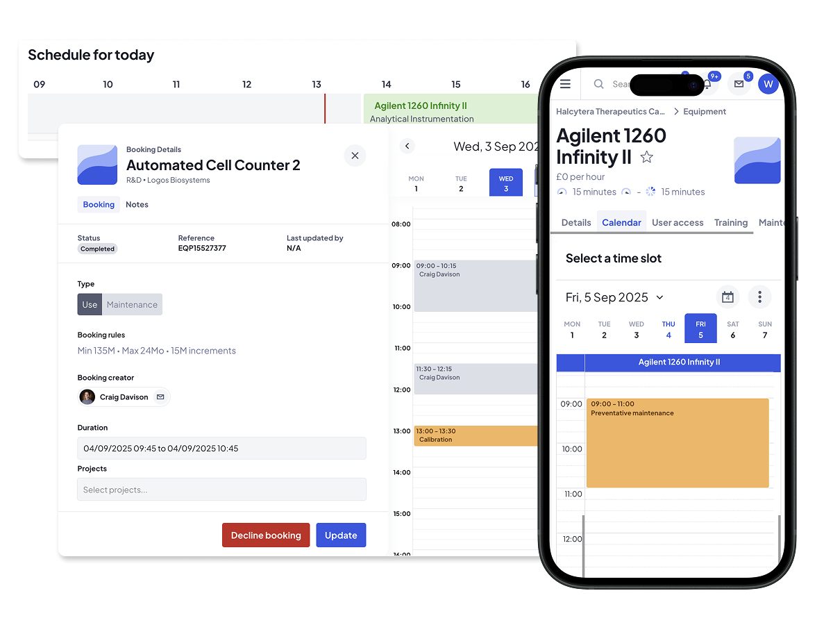 Screenshots of different app windows, including on mobile, showing how to book equipment.