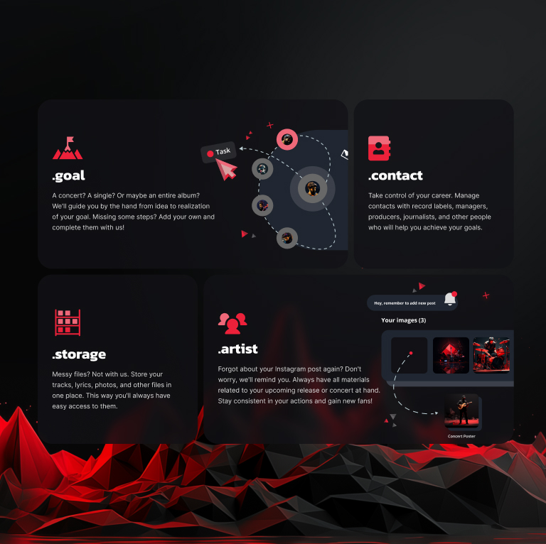 Dark website design showcasing four services: .goal, .contact, .storage, and .artist with red and black geometric background
