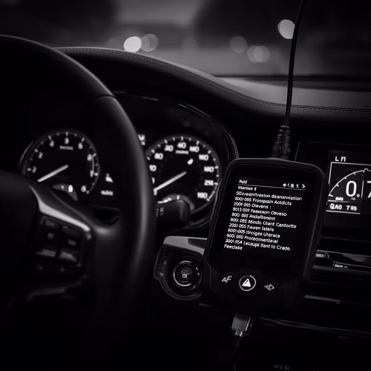 Close-up of an OBD-II diagnostic scan tool reading transmission fault codes in a European vehicle dashboard.