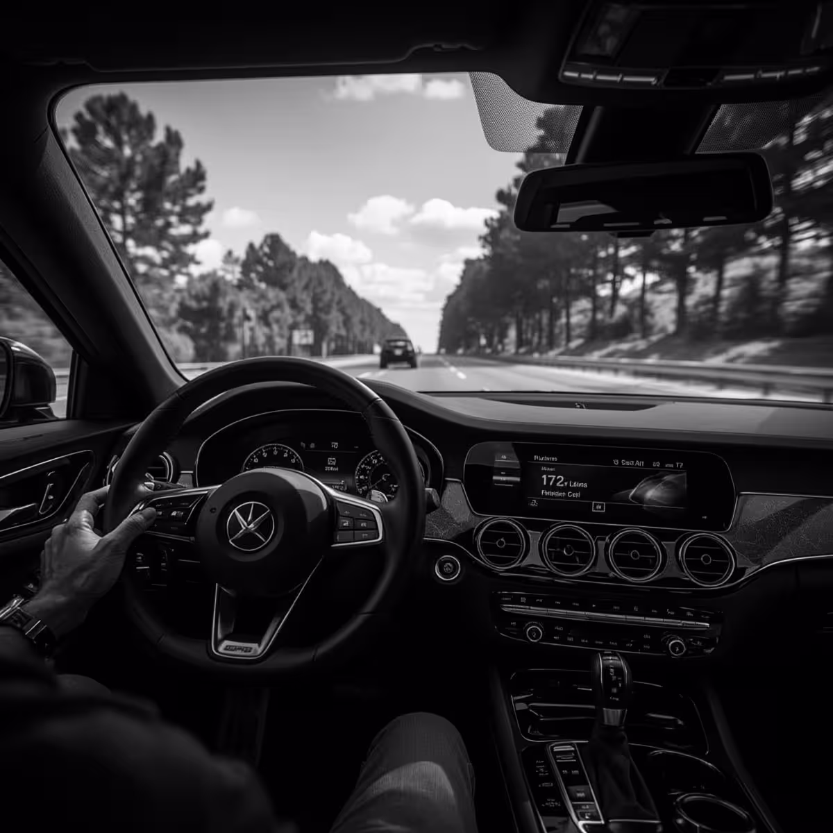 Point-of-view from inside a European car during a test drive, showing instrument cluster and digital transmission readouts.