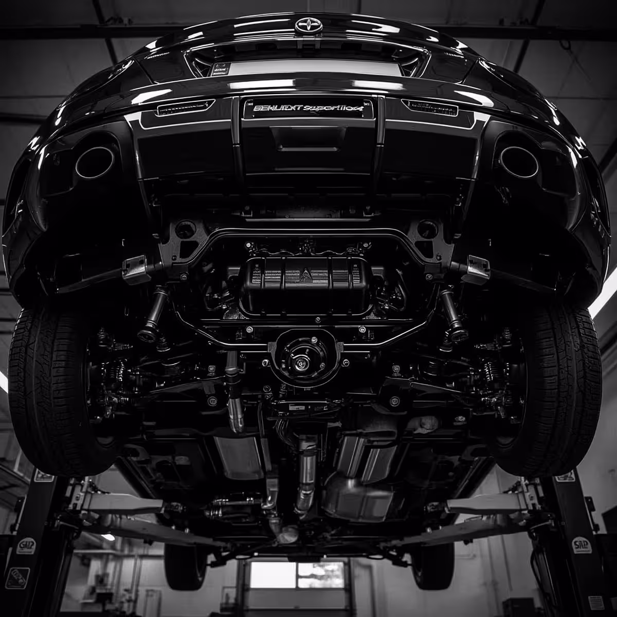 Rear undercarriage of a European performance car on a lift, clearly showing transmission and driveline components.