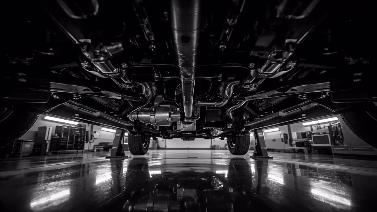 Widescreen view of a clean European vehicle undercarriage and driveline system on a lift inside a modern, well-lit auto service shop.