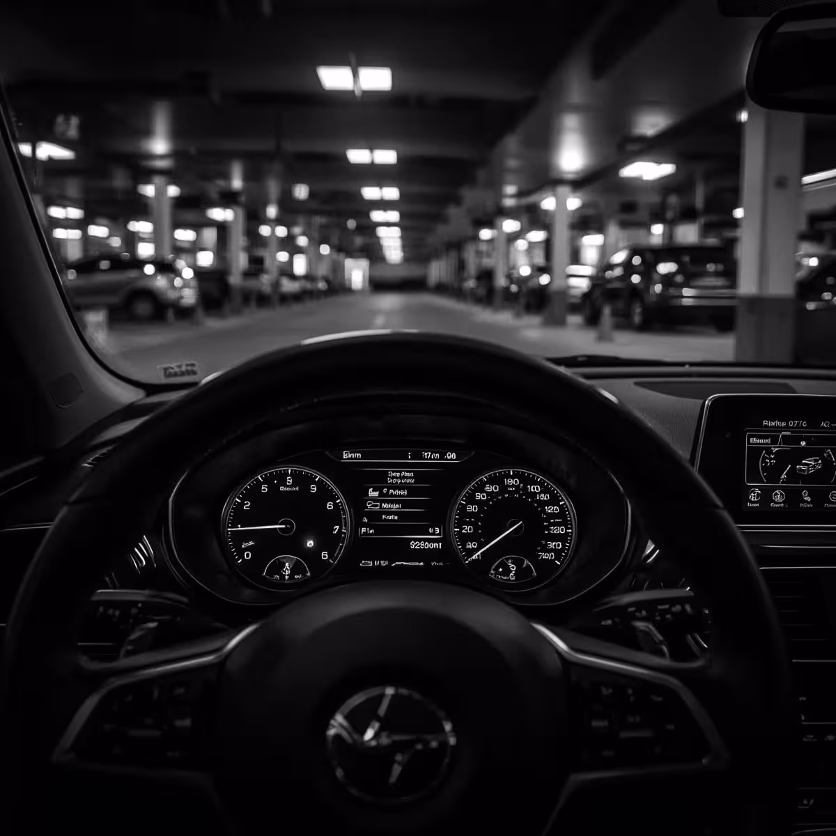 Dashboard view of a European car showing brake warning lights inside a parking garage