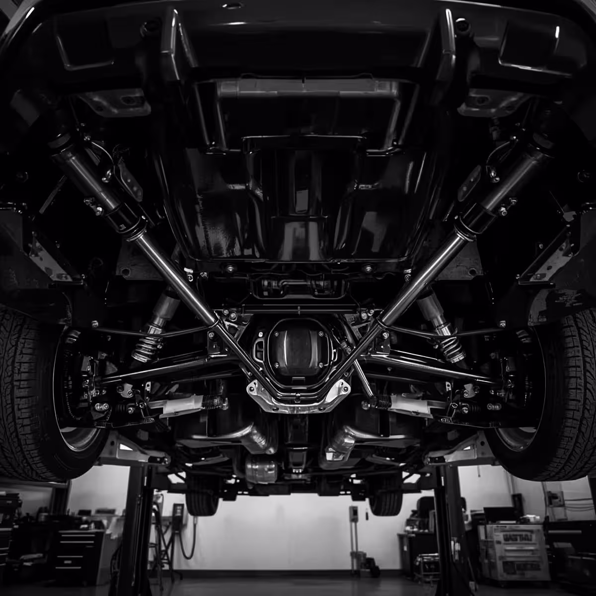 View from beneath a European car on a lift, showing suspension and brake components during inspection