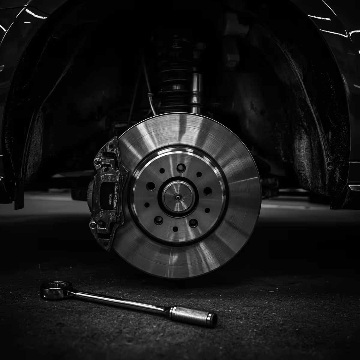 Close-up of newly installed brake pads and rotors on a clean suspension system