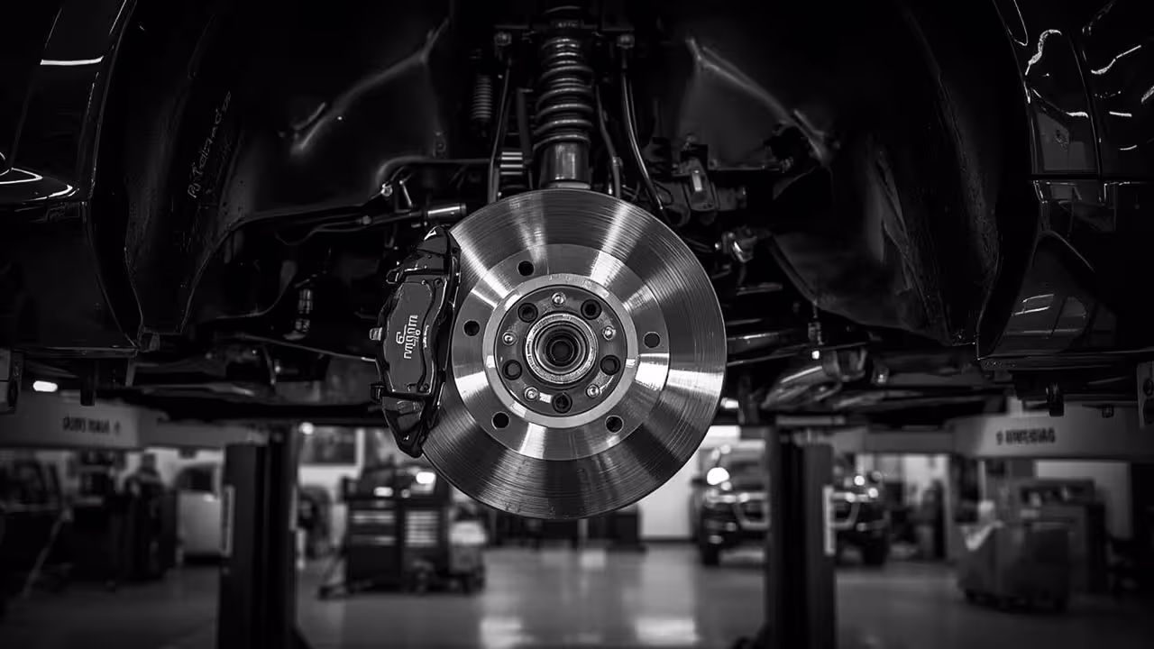 Wide view of a clean brake caliper and rotor assembly on a lift in a professional auto repair shop