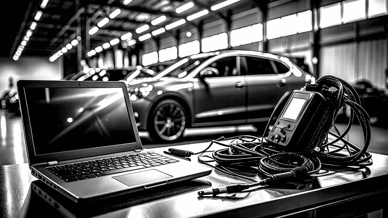 Wide-angle view of a diagnostic scan tool and laptop on a metal workbench in a professional automotive repair shop, with a modern European vehicle parked in the background. Clean, high-tech environment with no people visible.