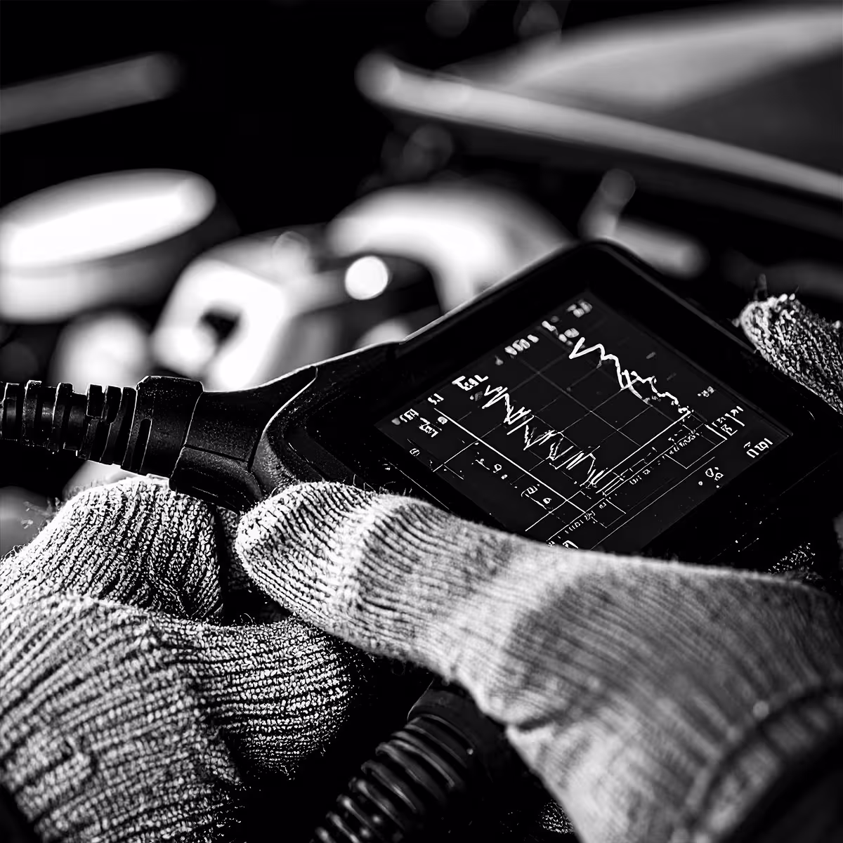 Technician inspecting turbo system and valve cover for performance issues