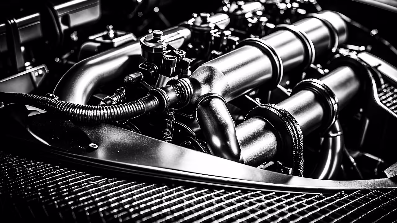 Wide-angle view of a custom high-flow intake system on a tuned European engine. Clean, sharp metalwork and hoses in a well-lit shop.