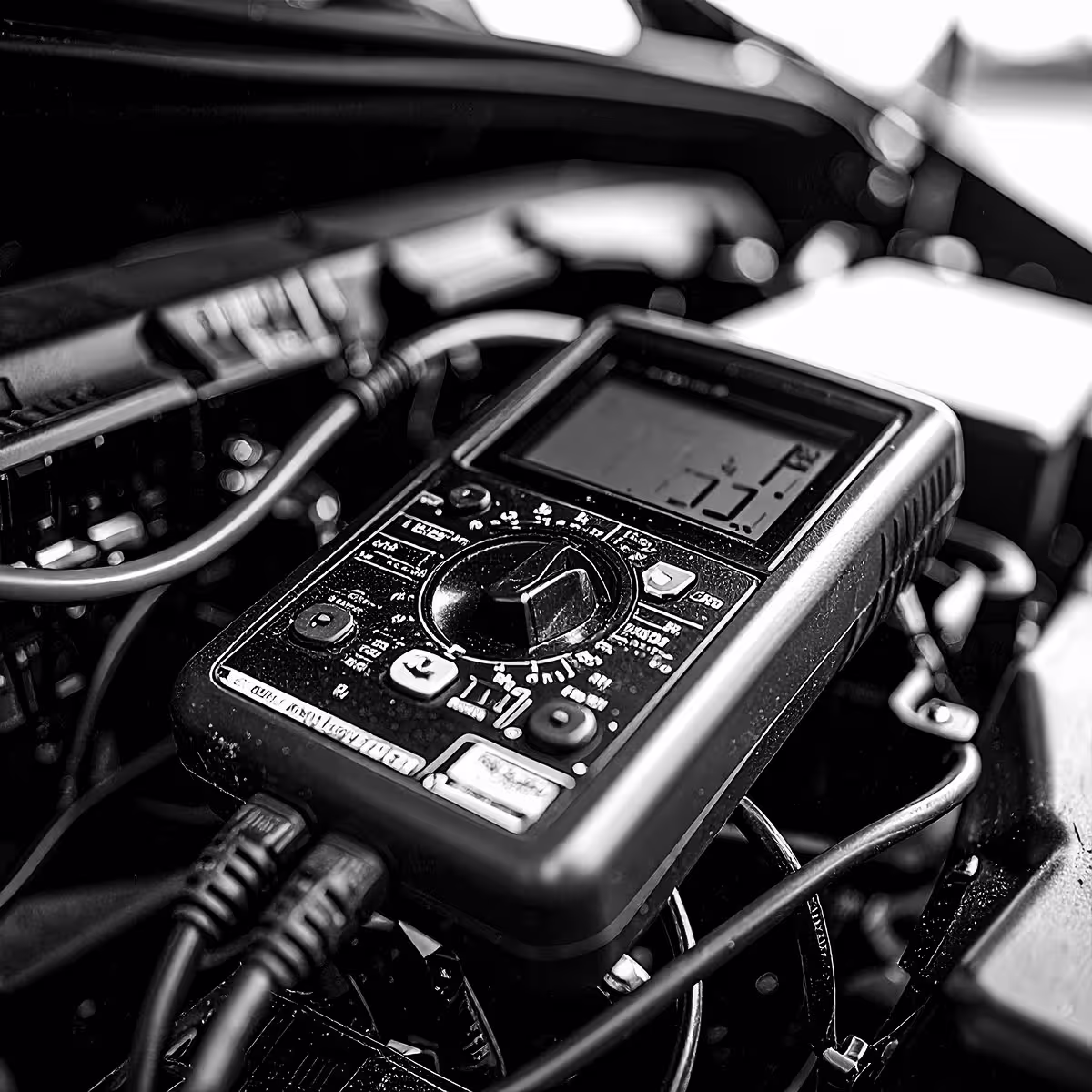 Automotive multimeter connected to a vehicle’s fuse panel, displaying live voltage readings for electrical system diagnosis