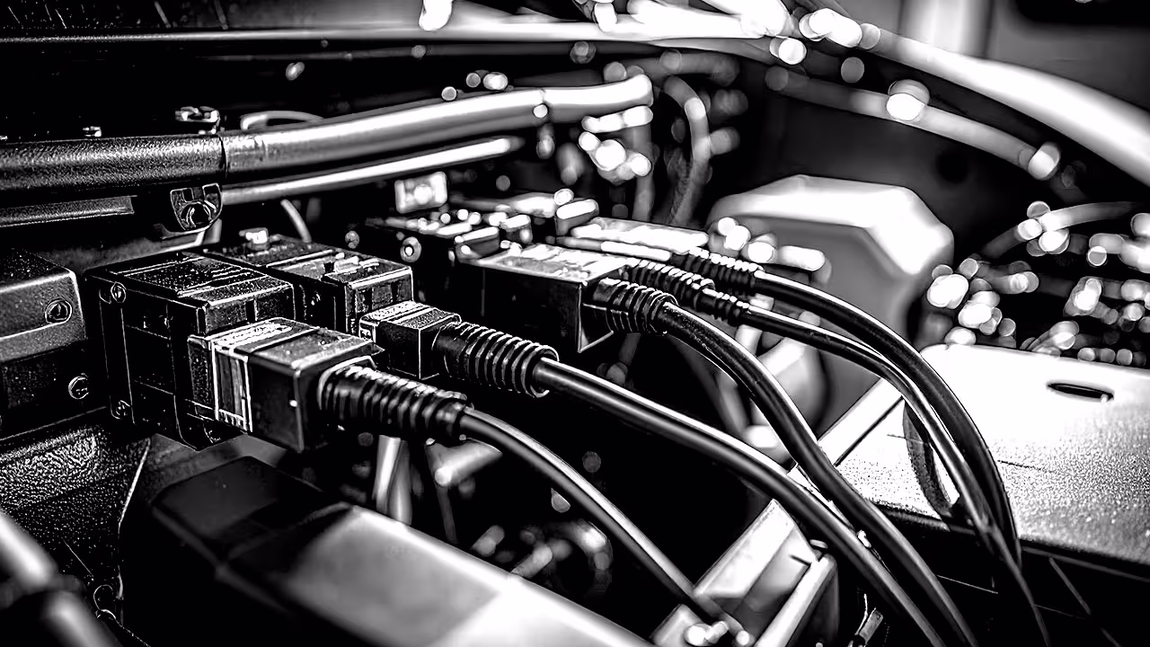 Technician holding a scan tool while referencing data on a laptop during advanced electrical diagnostics inside an engine bay