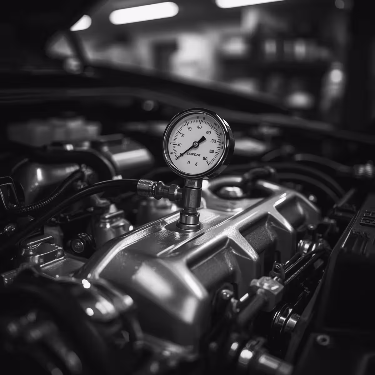 Close-up of a coolant pressure tester attached to a European engine during initial cooling system diagnostics.