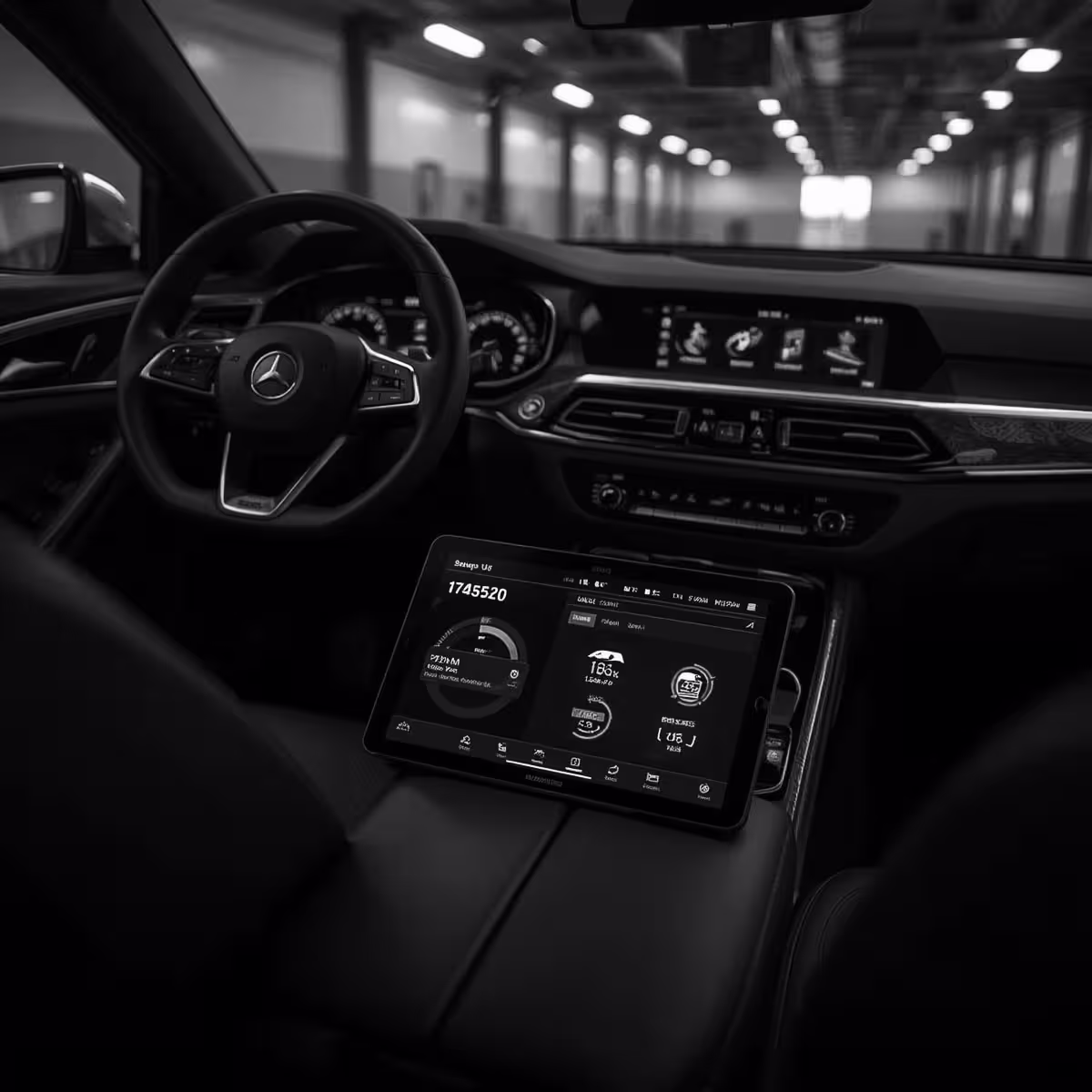 Interior shot of a European vehicle with a diagnostic tablet showing cooling system data.